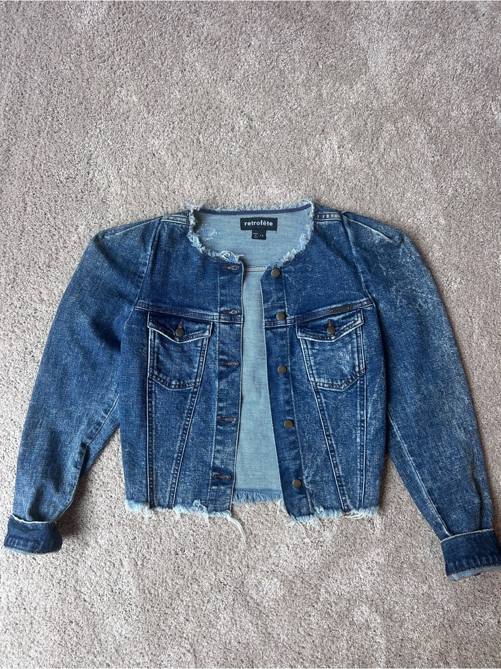 Retrofete Frayed Hem Medium Blue Cropped Denim Jacket